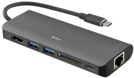 Deltaco USBC-1266 USB-C dockningsstation med HDMI, RJ45, 2xUSB A, US
