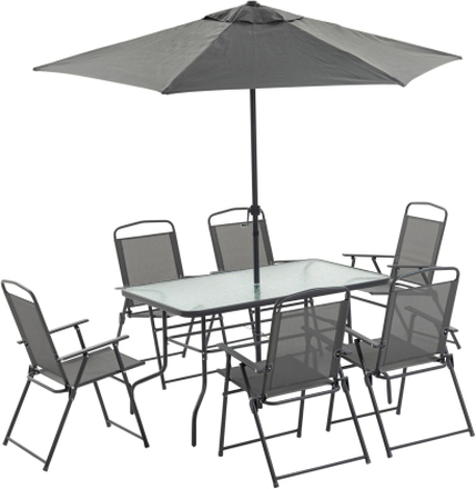 Set da esterno con tavolo 6 sedie pieghevoli e ombrellone colore grigio