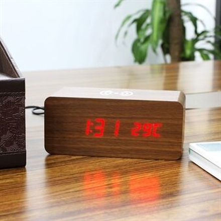 Modern Wooden Digital LED Desk Electric Alarm Clock Thermometer Sound Control Phone Wireless Charger