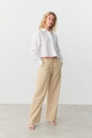 Gina Tricot - Linen blend trousers - linbukser - Beige - L - Female
