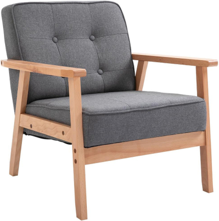 Poltrona sedia stile nordico retrò in legno con rivestimento in lino grigio