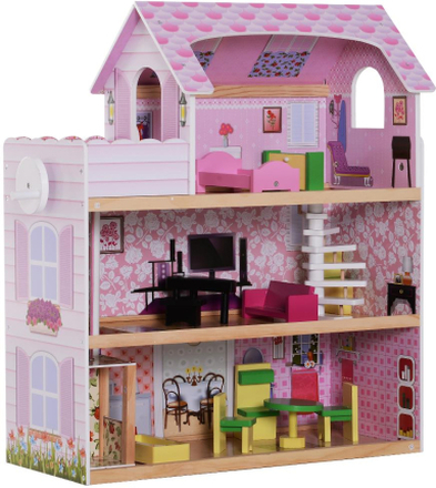 Casa delle bambole a 3 piani con ascensore rosa