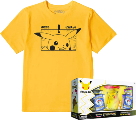 Pokémon TCG: Celebrations Premium Figure Collection 25th Anniversary - Pikachu VMAX & T-Shirt Bundle - M - Mustard