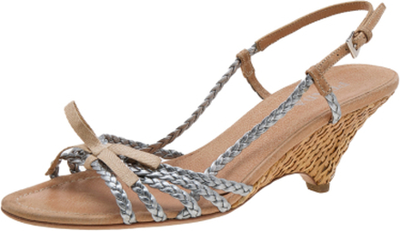 Pre -owned Braided Leather Bow Slingback Wedge Sandals