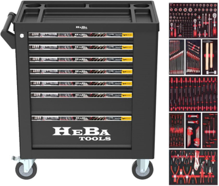 HEBA tools værktøjsvogn med 7 skuffer og sideskab 206 dele