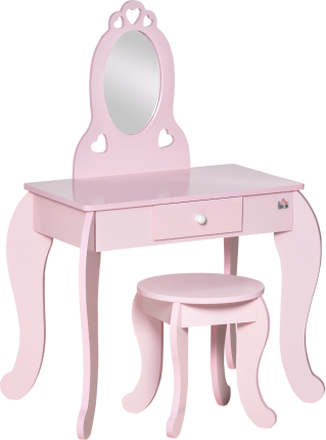 Tavolo trucco da gioco per bambini con sgabello in legno e specchio rosa
