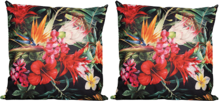 2x Bank/sier kussens donkergroen met tropische bloemen print voor binnen en buiten 45 x 45 cm