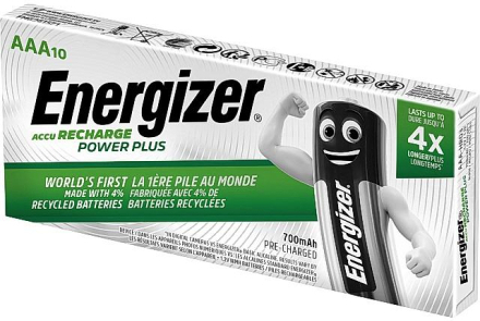 Laddningsbara batterier Energizer Recharge Power Plus NiMH, AAA, 1,2 Volt, 700mAh, 10/fp (7% återvunnet)