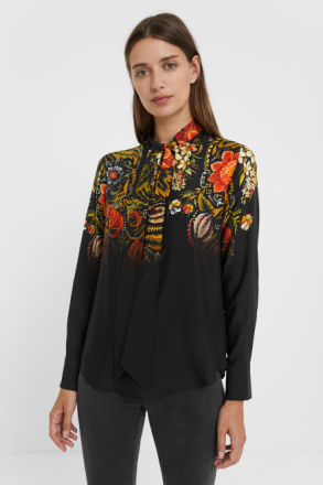 Gebloemde zijden blouse met strik - BLACK - M