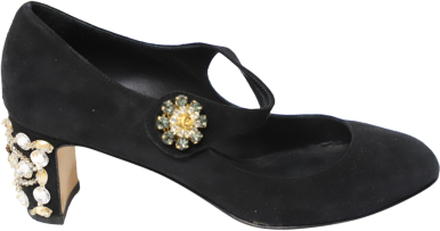 Dolce; Gabbana Crystal-Embellished Heel Mary Jane Pumps i svart semsket skinn