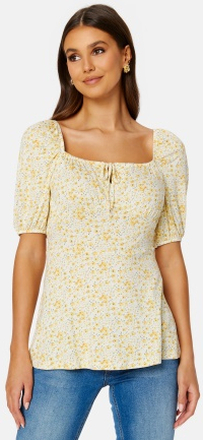 Happy Holly Ruched Short Sleeve Tie Top Yellow/Floral 44/46