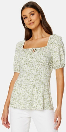 Happy Holly Ruched Short Sleeve Tie Top Green/Floral 40/42