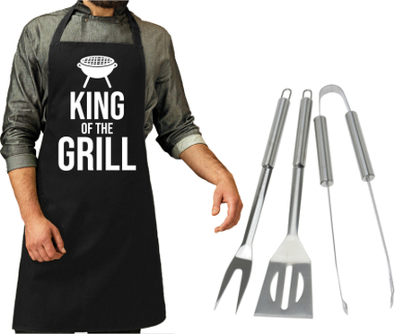 BBQ/barbecue gereedschap set 3-delig RVS met zwart schort King of the grill