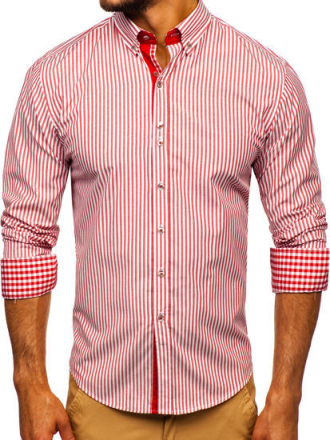 Koszula męska w paski z długim rękawem czerwona Bolf 9711