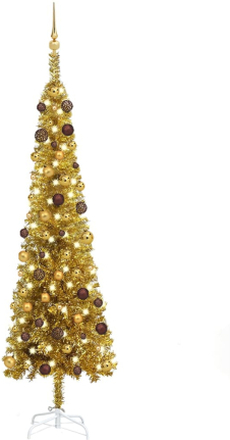 vidaXL Plastgran smal med LED och julgranskulor guld 210 cm