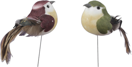 12x Decoratie vogeltjes groen/bordeaux op draad 9,5 cm