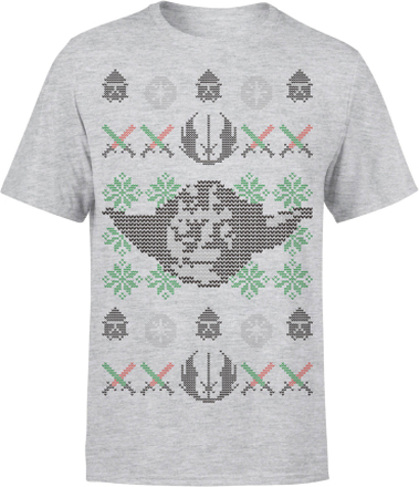 Star Wars Christmas Yoda Face Sabre Knit Grey T-Shirt - M