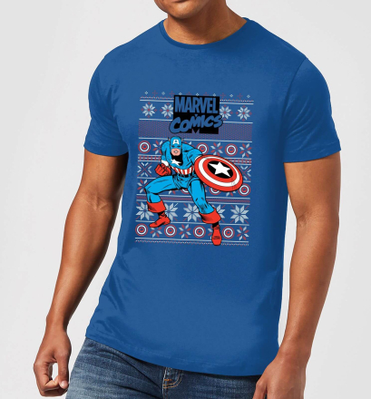 Marvel Avengers Captain America Men's Christmas T-Shirt - Royal Blue - L