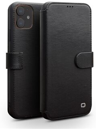 QIALINO For iPhone 11 Genuine Leather Wallet Phone Cover Case with Foldable Stand - Black