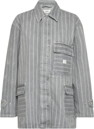 Grey Stripe Denim Johnny Jacket Tops Shirts Denim Shirts Grey Mads Nørgaard