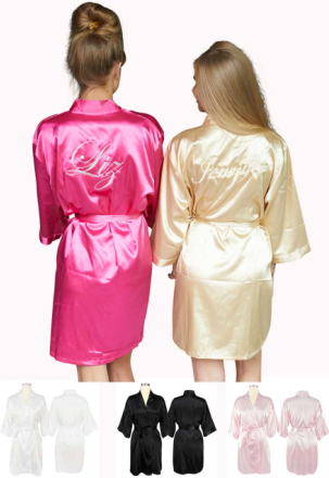 Satijnen badjas kimono met borduring-Champagne