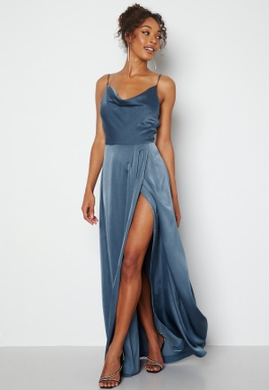 Bubbleroom Occasion Waterfall High Slit Satin Gown Blue 40