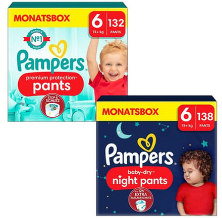 Pampers Premium Protection Pants, størrelse 6, 15 kg+ (132 bukser) og Baby-Dry Pants Night , størrelse 6, 15 kg+ (138 bukser)
