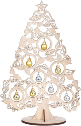 Klein decoratie kerstboompje - hout - met kerstballen - H38,5 cm