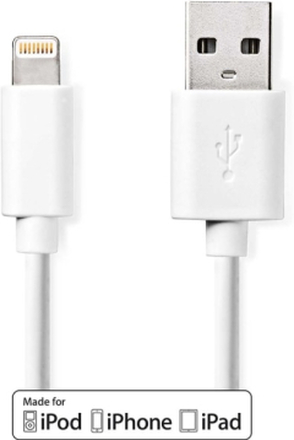 Nedis Lightning Kabel | USB 2.0 | Apple Lightning, 8-stifts | USB-A Hane | 480 Mbps | Nickelplaterad | 2.00 m | Rund | PVC | Vit | Låda