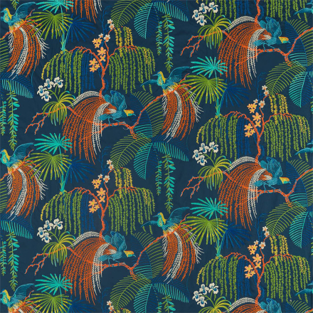 Sanderson Rain Forest Embroidery Tropical Night Tyg