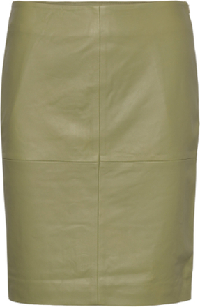 2Nd Cecilia - Classic Leather Knælang Nederdel Khaki Green 2NDDAY