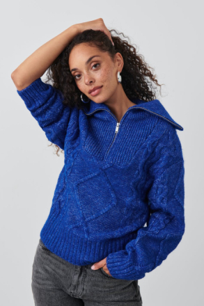 Gina Tricot - Knitted zip sweater - stickade tröjor - Blue - L - Female