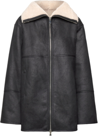 Shearling-Lined Coat With Zip Læderjakke Skindjakke Black Mango
