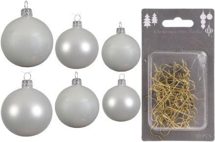 Groot pakket glazen kerstballen 50x winter wit glans/mat 4-6-8 cm incl haakjes
