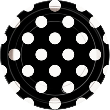 8 stk Svarte Små Papptallerkener med Hvite Polka Dots 17 cm