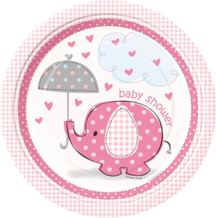 8 st Papptallrikar 22 cm - Babyshower Pink Elephant