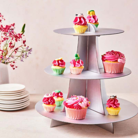 Ställ för cupcakes i papper, 3 våningar, silver - FunCakes