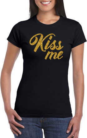 Kiss me goud tekst t-shirt zwart dames kus me - Glitter en Glamour goud party kleding shirt
