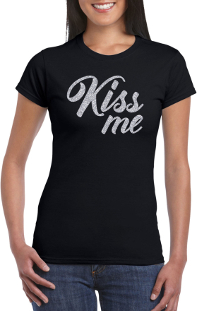 Kiss me zilver tekst t-shirt zwart dames kus me - Glitter en Glamour zilver party kleding shirt
