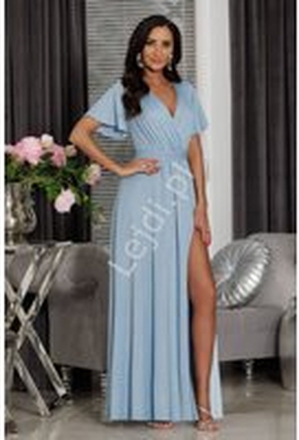 Błękitna sukienka brokatowa o wyszczuplającym kroju, elegancka sukienka na wesele, Bella