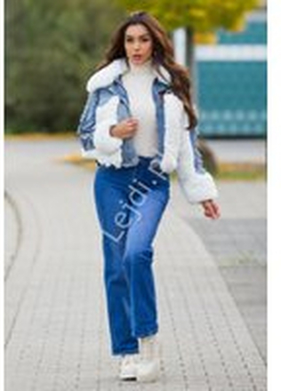 Jeansowe spodnie z wysoką talią, niebieskie spodnie bootcut 9338