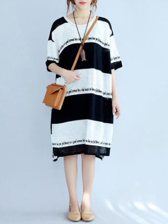 Vintage Black and White Striped Printed Dress For Women