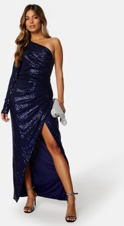 Elle Zeitoune Opal Sequin One Shoulder Dress Midnight Blue S