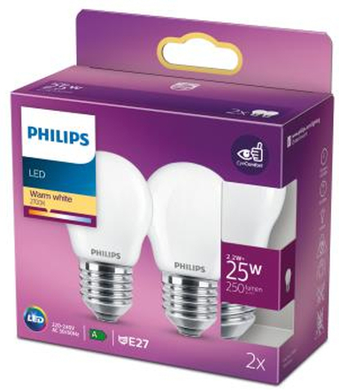 Philips: 2-pack LED E27 P45 Klot 25W Frost 250lm