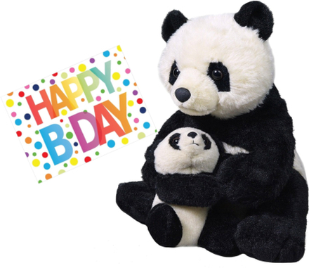 Pluche knuffel panda beer met baby 38 cm met A5-size Happy Birthday wenskaart