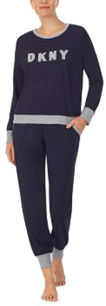 DKNY New Signature Long Sleeve Top and Jogger PJ Marine X-Small Dame