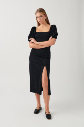 Gina Tricot - Puff sleeve midi dress - klänningar - Black - L - Female