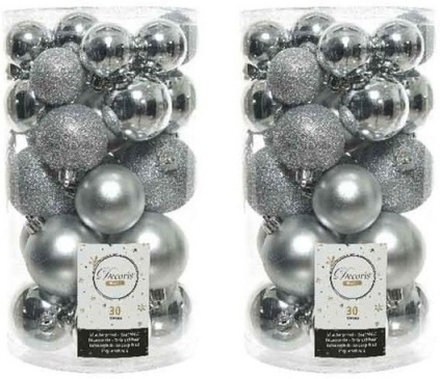 60x Zilveren kerstballen 4 - 5 - 6 cm kunststof mat/glans/glitte