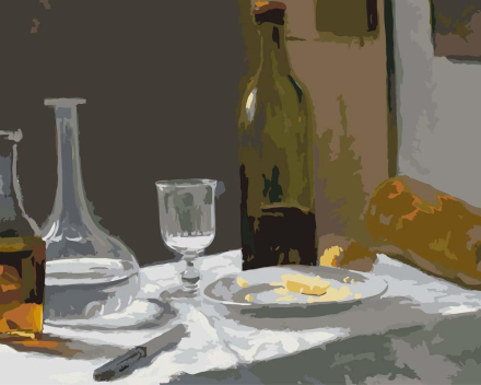Malen nach Zahlen - Stillleben mit Flasche, Karaffe, Brot und Wein - Claude Monet, ohne Rahmen
