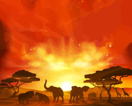 Malen nach Zahlen - Tiere Safari-Silhouetten, mit Rahmen